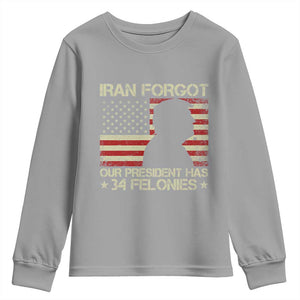 Iran Forgot Our President Has 34 Felonies Youth Sweatshirt Funny Political Satire Patriotic Flag TS02 Sport Gray Print Your Wear