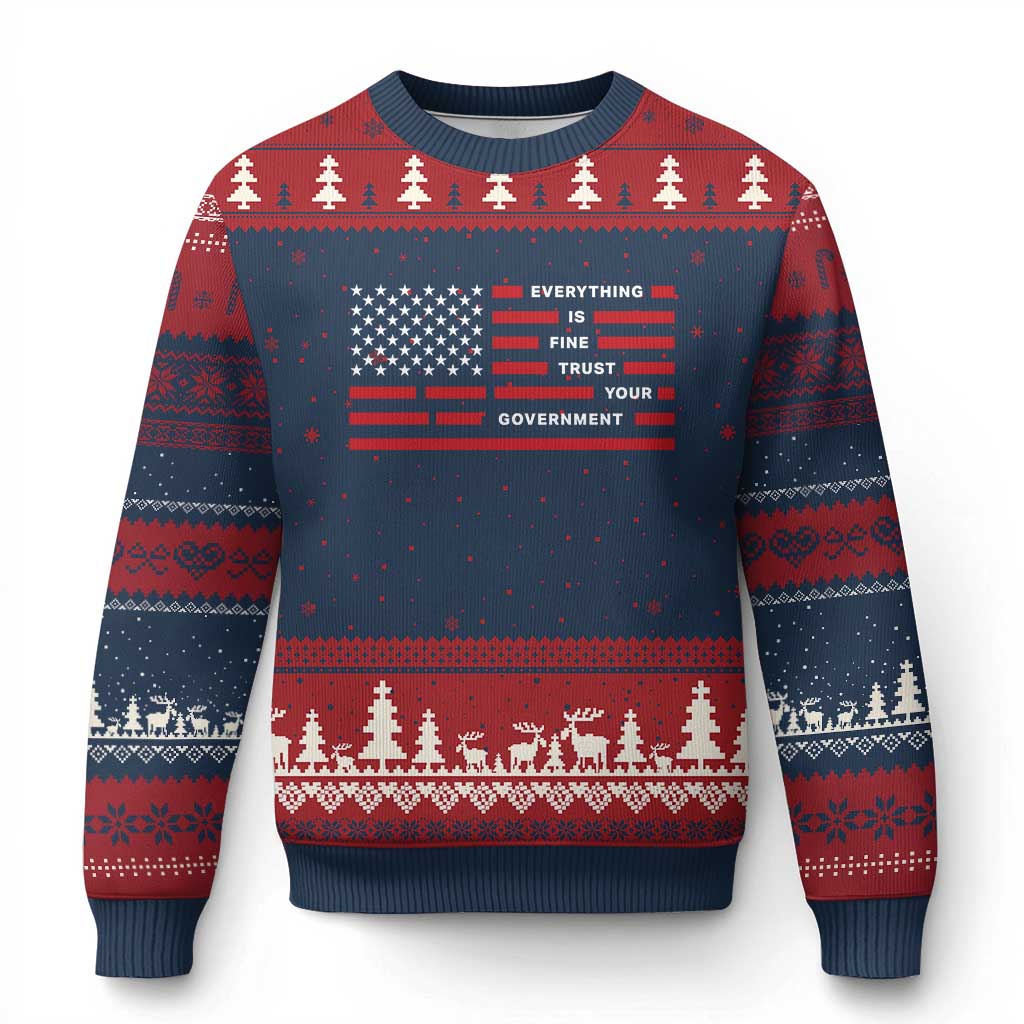 Everything Is Fine Trust Your Government Patriotic Flag Ugly Christmas Sweater Sarcastic Political Humor TS02 Navy Red Print Your Wear