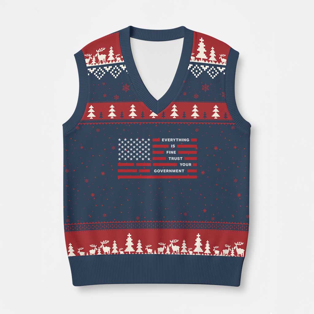 Everything Is Fine Trust Your Government Patriotic Flag V-Neck Knit Sweater Vest Sarcastic Political Humor TS02 Navy Red Print Your Wear