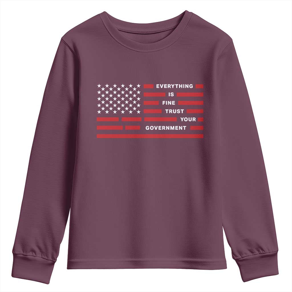 Everything Is Fine Trust Your Government Patriotic Flag Youth Sweatshirt Sarcastic Political Humor TS02 Maroon Print Your Wear
