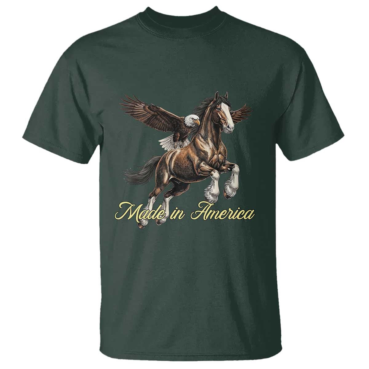Made in America Patriotic Eagle and Horse T Shirt Strong American Pride Western Style TS02 Dark Forest Green Print Your Wear