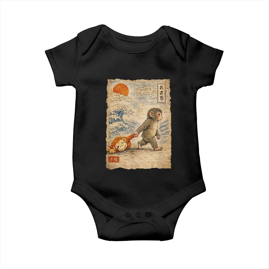 Baby Punch the Monkey Japanese Style Graphic Baby Onesie Dragging Plush Toy Vintage Art Gift TS02 Black Print Your Wear