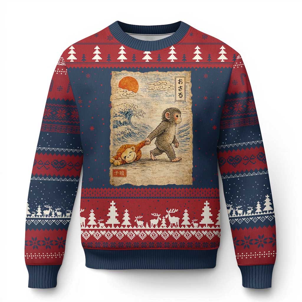 Baby Punch the Monkey Japanese Style Graphic Ugly Christmas Sweater Dragging Plush Toy Vintage Art Gift TS02 Navy Red Print Your Wear