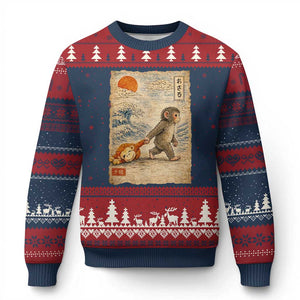 Baby Punch the Monkey Japanese Style Graphic Ugly Christmas Sweater Dragging Plush Toy Vintage Art Gift TS02 Navy Red Print Your Wear