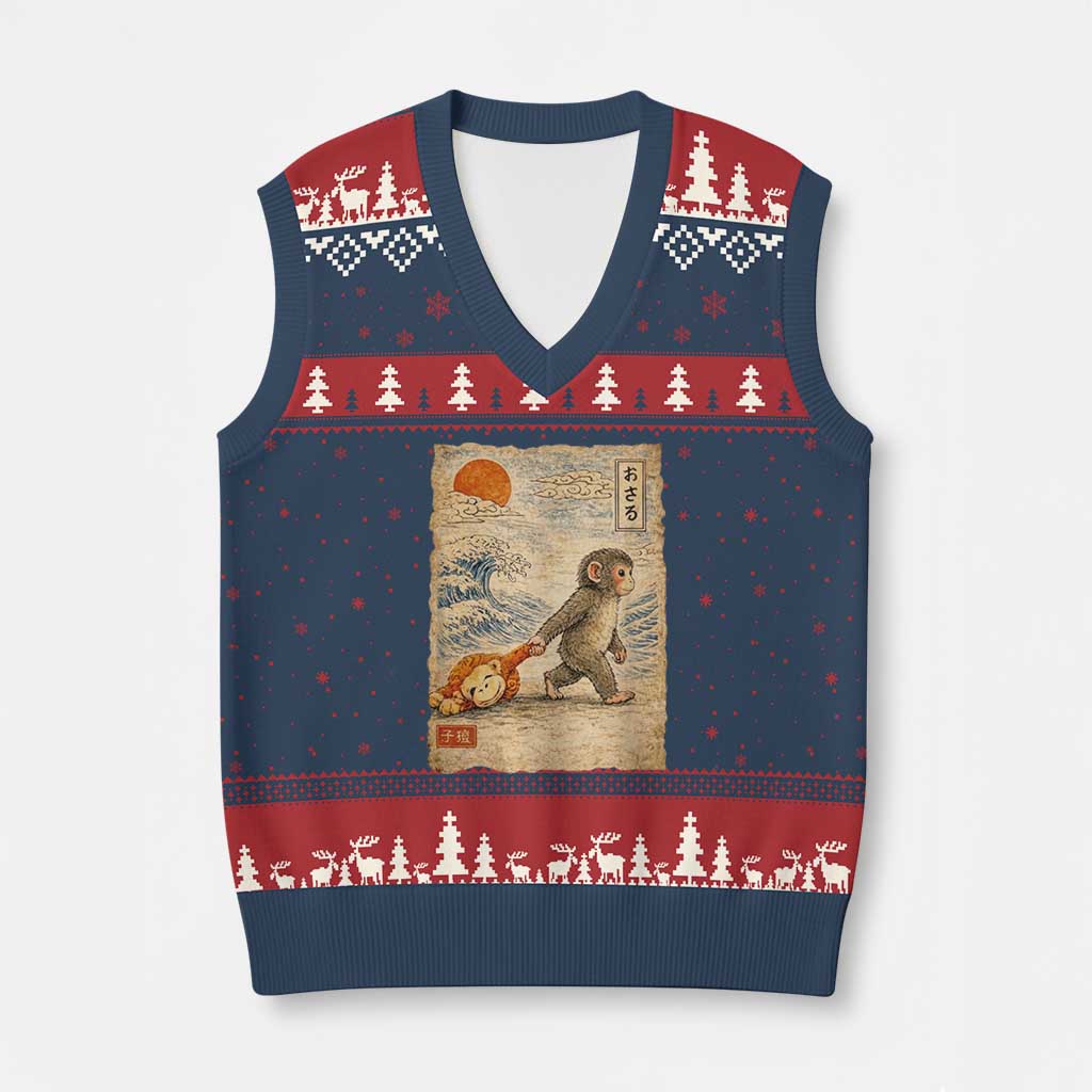 Baby Punch the Monkey Japanese Style Graphic V-Neck Knit Sweater Vest Dragging Plush Toy Vintage Art Gift TS02 Navy Red Print Your Wear