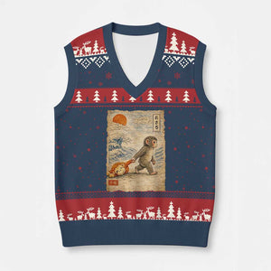 Baby Punch the Monkey Japanese Style Graphic V-Neck Knit Sweater Vest Dragging Plush Toy Vintage Art Gift TS02 Navy Red Print Your Wear