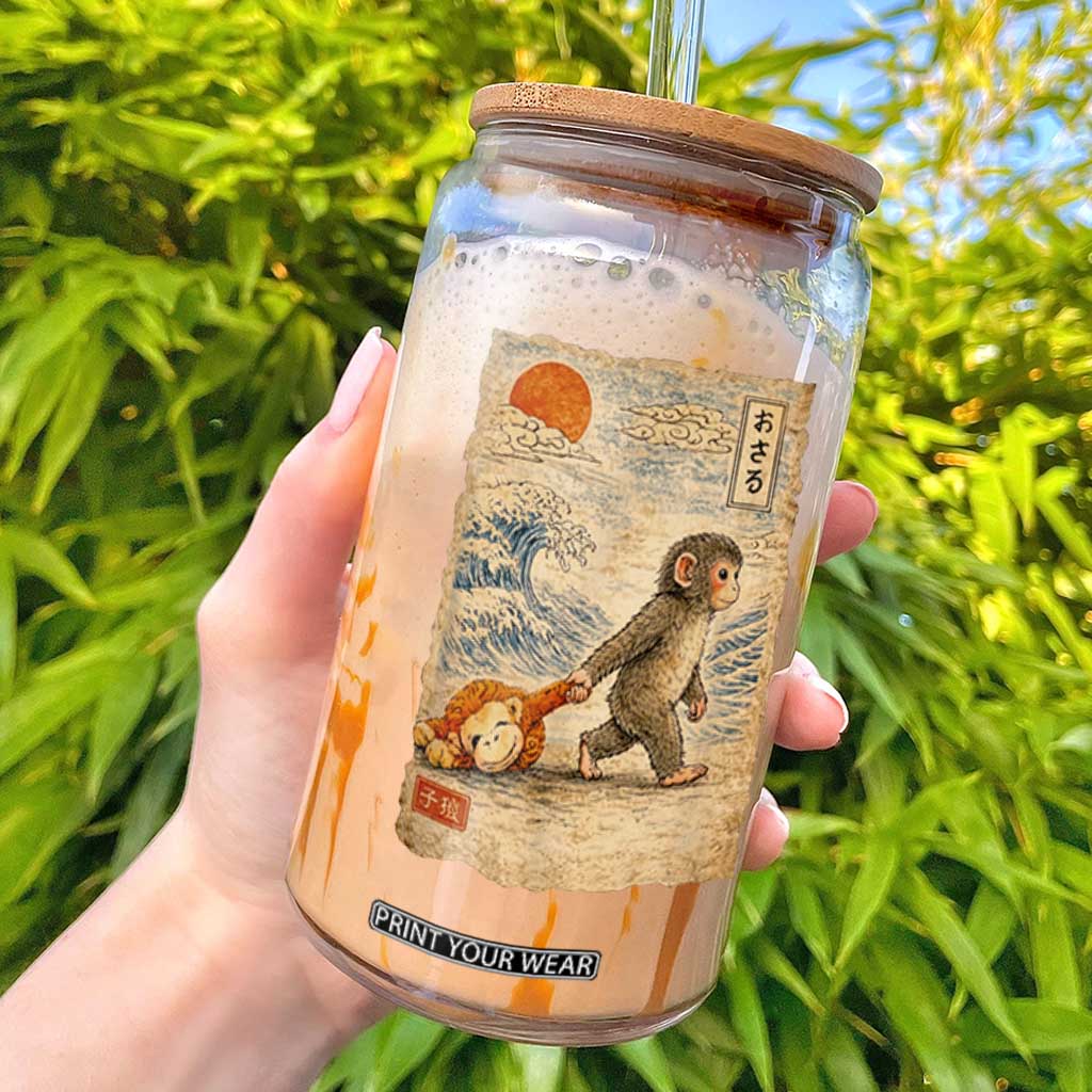 Baby Punch the Monkey Japanese Style Graphic Glass Can Dragging Plush Toy Vintage Art Gift TS02 Black Print Your Wear