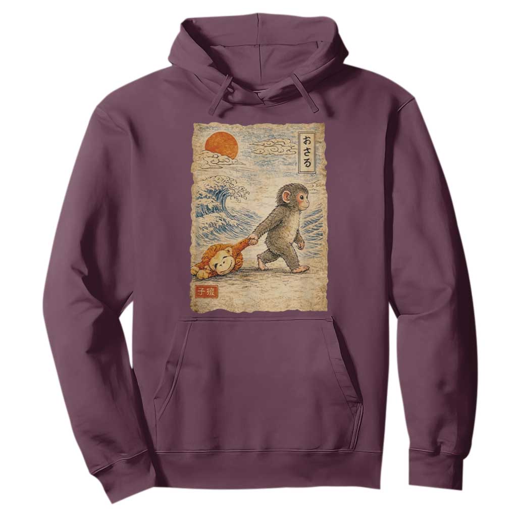 Baby Punch the Monkey Japanese Style Graphic Hoodie Dragging Plush Toy Vintage Art Gift TS02 Maroon Print Your Wear