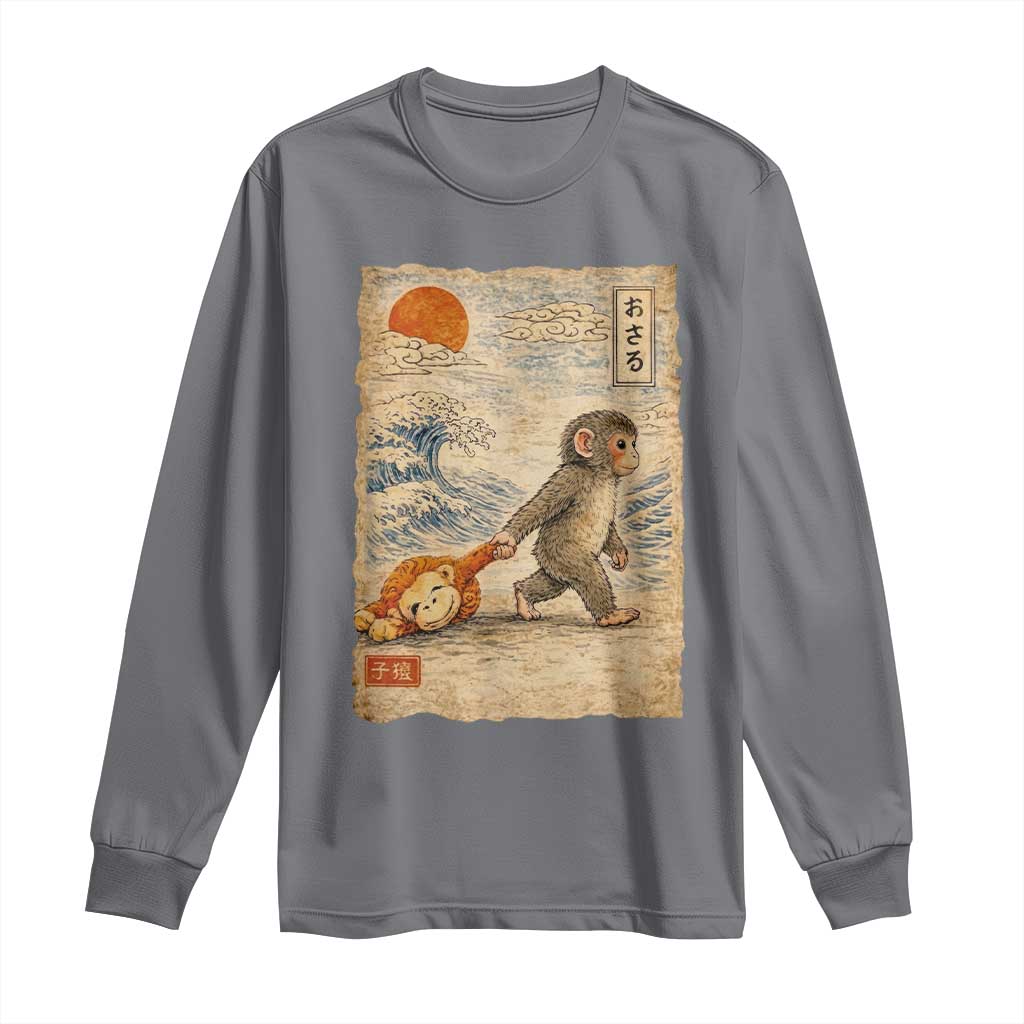 Baby Punch the Monkey Japanese Style Graphic Long Sleeve Shirt Dragging Plush Toy Vintage Art Gift TS02 Charcoal Print Your Wear