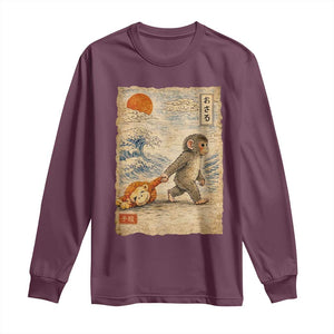 Baby Punch the Monkey Japanese Style Graphic Long Sleeve Shirt Dragging Plush Toy Vintage Art Gift TS02 Maroon Print Your Wear