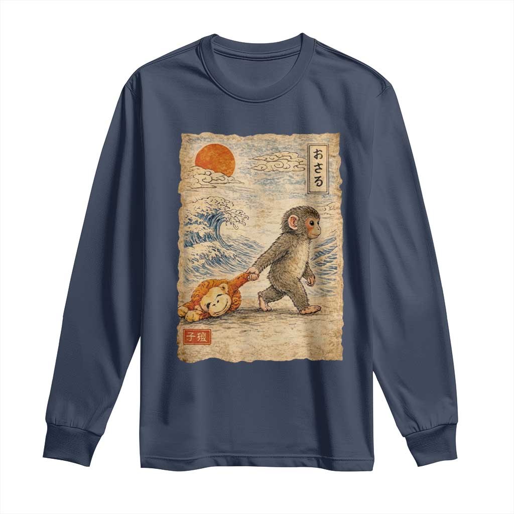 Baby Punch the Monkey Japanese Style Graphic Long Sleeve Shirt Dragging Plush Toy Vintage Art Gift TS02 Navy Print Your Wear