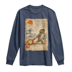 Baby Punch the Monkey Japanese Style Graphic Long Sleeve Shirt Dragging Plush Toy Vintage Art Gift TS02 Navy Print Your Wear