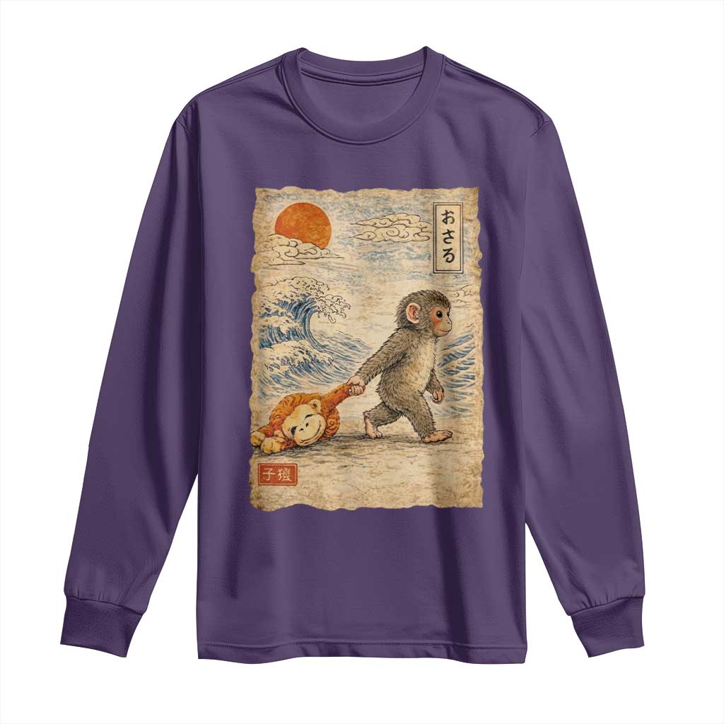 Baby Punch the Monkey Japanese Style Graphic Long Sleeve Shirt Dragging Plush Toy Vintage Art Gift TS02 Purple Print Your Wear