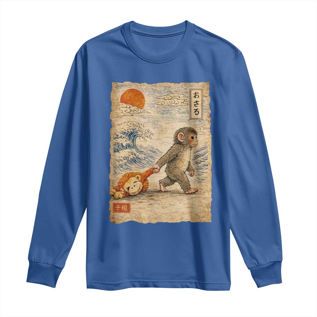 Baby Punch the Monkey Japanese Style Graphic Long Sleeve Shirt Dragging Plush Toy Vintage Art Gift TS02 Royal Blue Print Your Wear