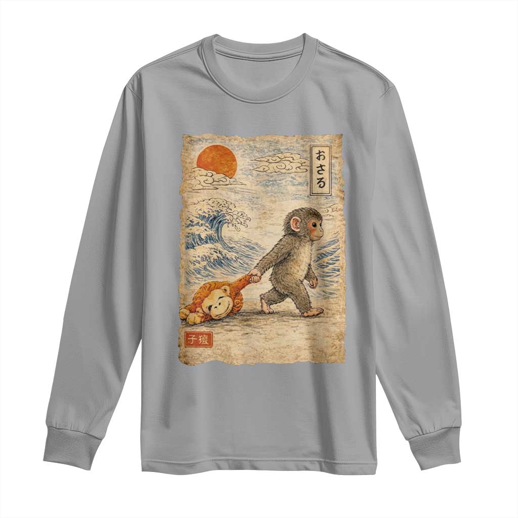 Baby Punch the Monkey Japanese Style Graphic Long Sleeve Shirt Dragging Plush Toy Vintage Art Gift TS02 Sport Gray Print Your Wear