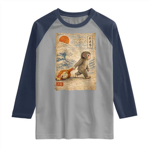 Baby Punch the Monkey Japanese Style Graphic Raglan Shirt Dragging Plush Toy Vintage Art Gift TS02 Sport Gray Navy Print Your Wear