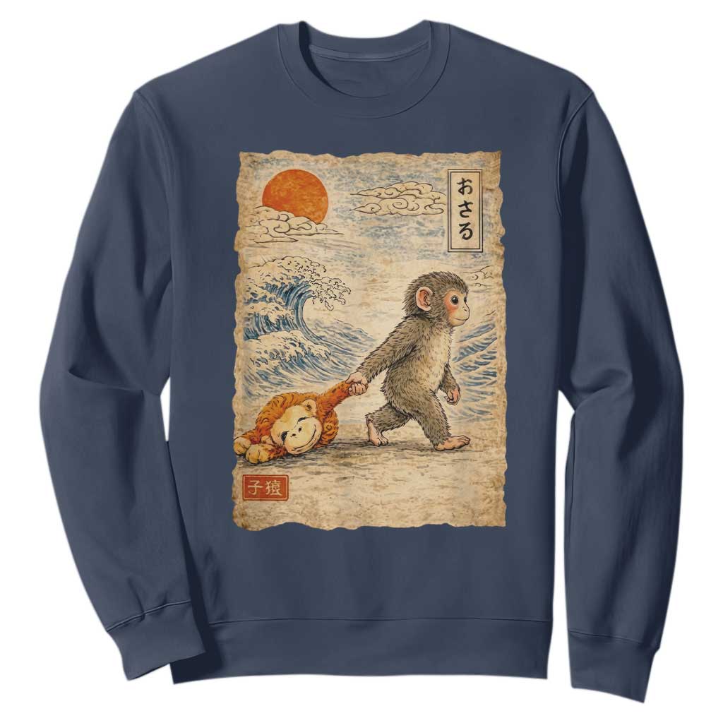 Baby Punch the Monkey Japanese Style Graphic Sweatshirt Dragging Plush Toy Vintage Art Gift TS02 Navy Print Your Wear
