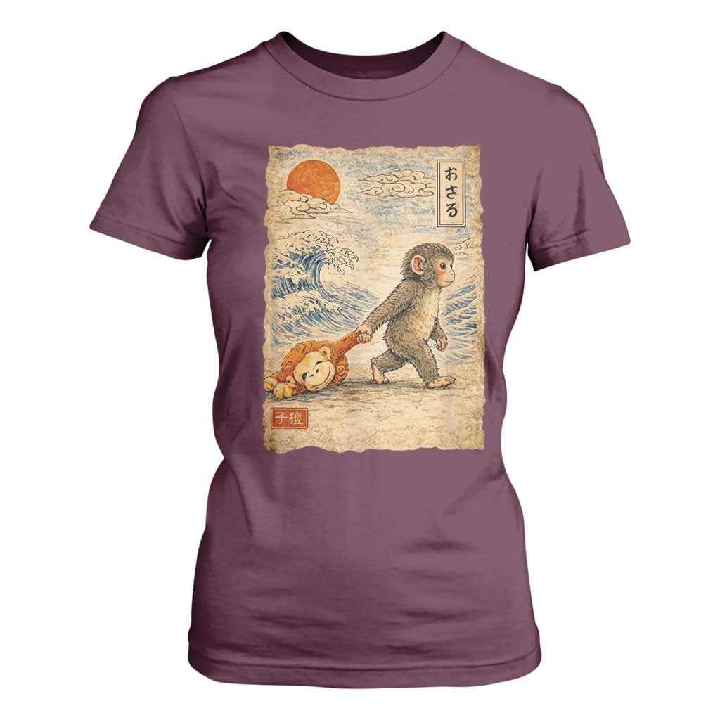Baby Punch the Monkey Japanese Style Graphic T Shirt For Women Dragging Plush Toy Vintage Art Gift TS02 Maroon Print Your Wear