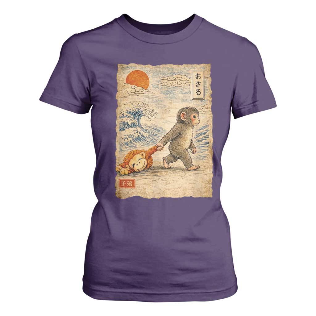 Baby Punch the Monkey Japanese Style Graphic T Shirt For Women Dragging Plush Toy Vintage Art Gift TS02 Purple Print Your Wear