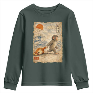Baby Punch the Monkey Japanese Style Graphic Youth Sweatshirt Dragging Plush Toy Vintage Art Gift TS02 Dark Forest Green Print Your Wear