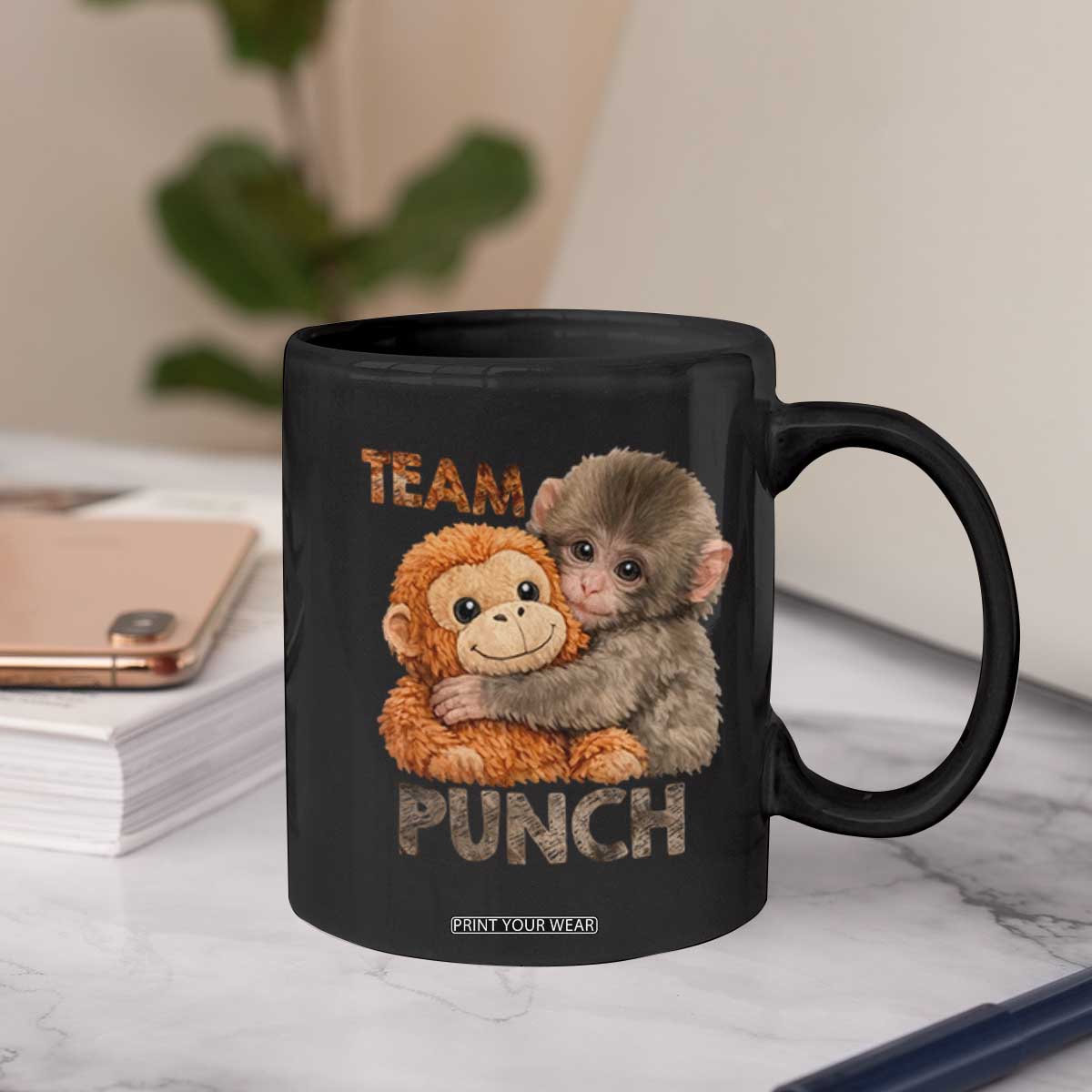 Team Punch Viral Baby Monkey Coffee Mug Cute Monkey Hugging Plush Toy Internet Trend Gift TS02 Print Your Wear