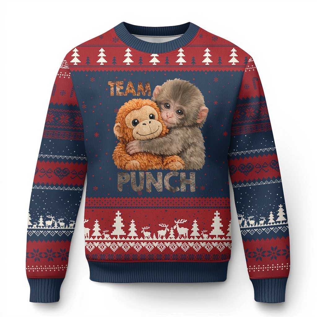 Team Punch Viral Baby Monkey Ugly Christmas Sweater Cute Monkey Hugging Plush Toy Internet Trend Gift TS02 Navy Red Print Your Wear