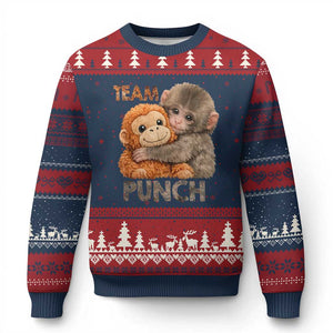 Team Punch Viral Baby Monkey Ugly Christmas Sweater Cute Monkey Hugging Plush Toy Internet Trend Gift TS02 Navy Red Print Your Wear