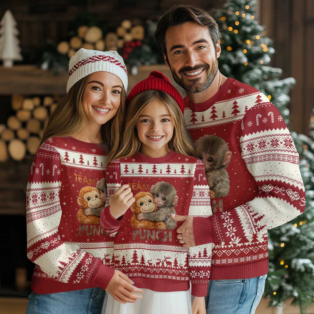 Team Punch Viral Baby Monkey Ugly Christmas Sweater Cute Monkey Hugging Plush Toy Internet Trend Gift TS02 Red Beige Print Your Wear