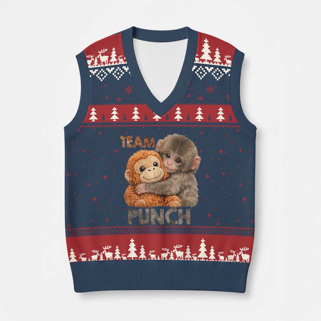 Team Punch Viral Baby Monkey V-Neck Knit Sweater Vest Cute Monkey Hugging Plush Toy Internet Trend Gift TS02 Navy Red Print Your Wear