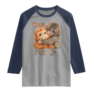 Team Punch Viral Baby Monkey Raglan Shirt Cute Monkey Hugging Plush Toy Internet Trend Gift TS02 Sport Gray Navy Print Your Wear