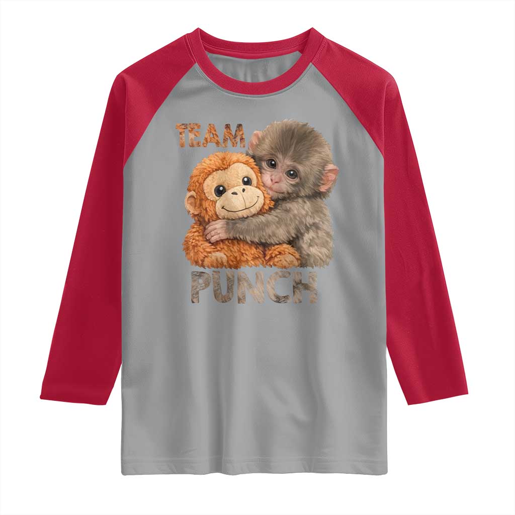 Team Punch Viral Baby Monkey Raglan Shirt Cute Monkey Hugging Plush Toy Internet Trend Gift TS02 Sport Gray Red Print Your Wear
