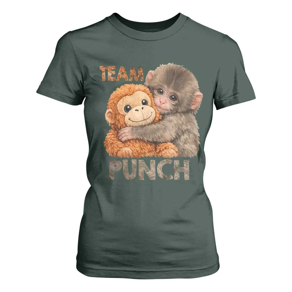 Team Punch Viral Baby Monkey T Shirt For Women Cute Monkey Hugging Plush Toy Internet Trend Gift TS02 Dark Forest Green Print Your Wear