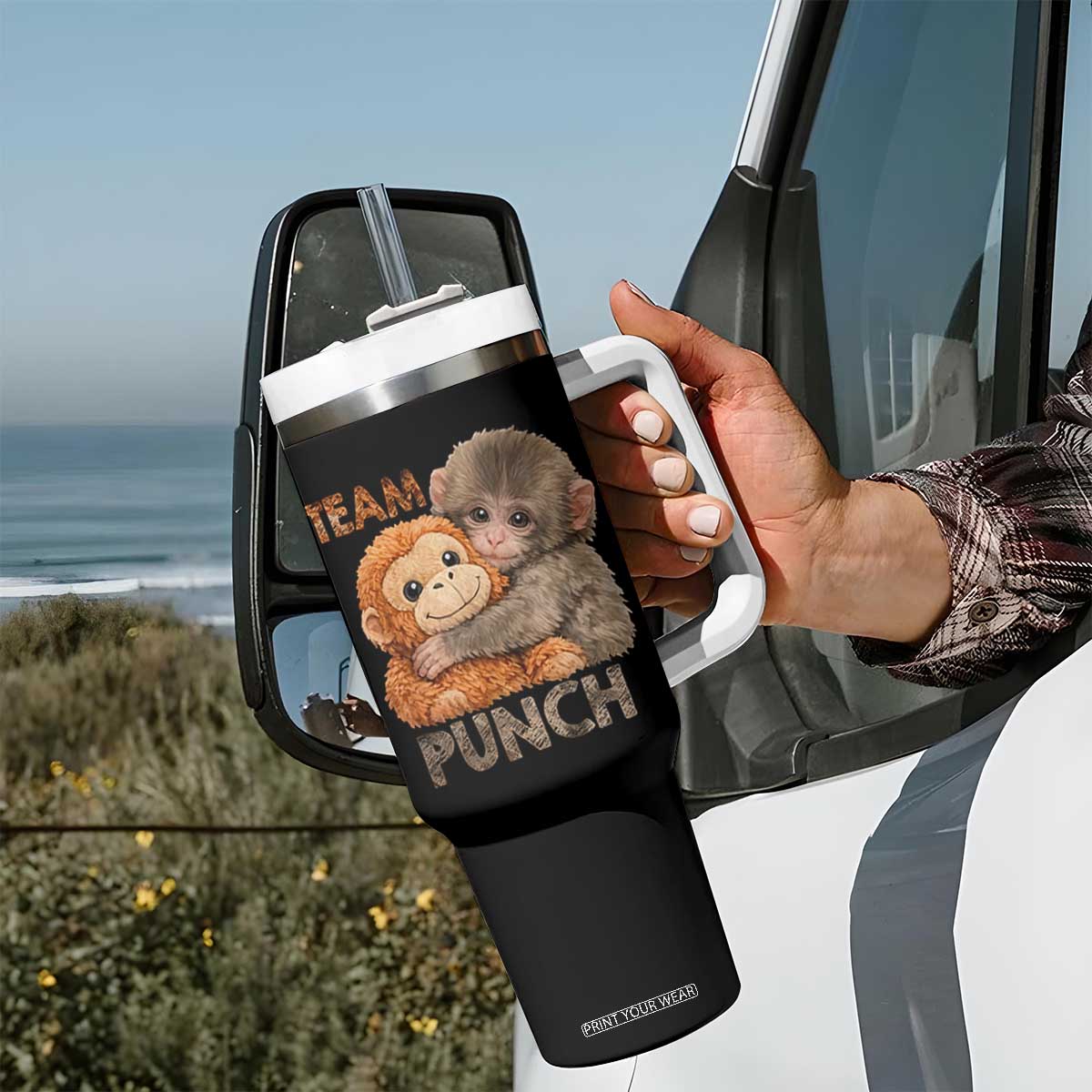 Team Punch Viral Baby Monkey Tumbler With Handle Cute Monkey Hugging Plush Toy Internet Trend Gift TS02 Print Your Wear