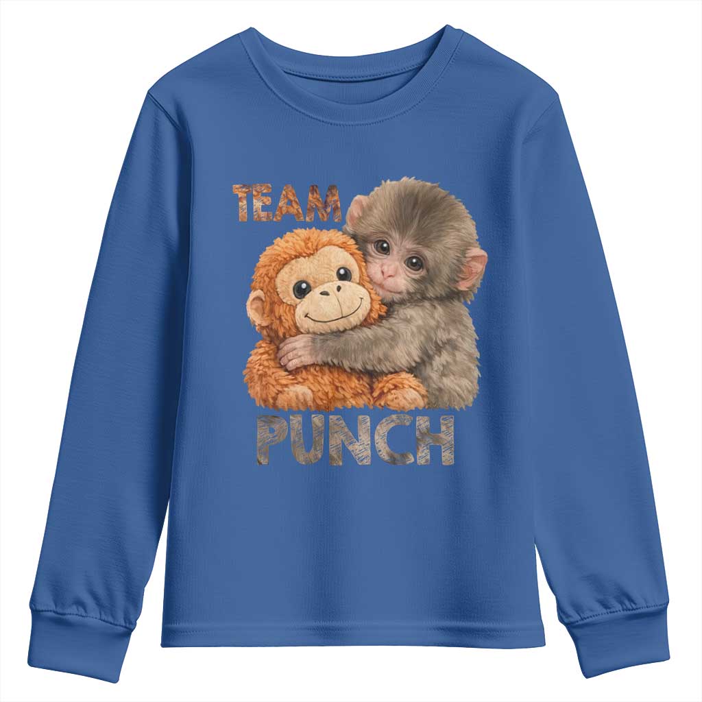 Team Punch Viral Baby Monkey Youth Sweatshirt Cute Monkey Hugging Plush Toy Internet Trend Gift TS02 Royal Blue Print Your Wear