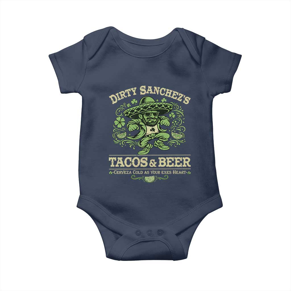 Dirty Sanchezs Tacos and Beer Funny Fiesta Baby Onesie Cerveza Cold as Your Exes Heart Mexican Party Humor TS02 Navy Print Your Wear