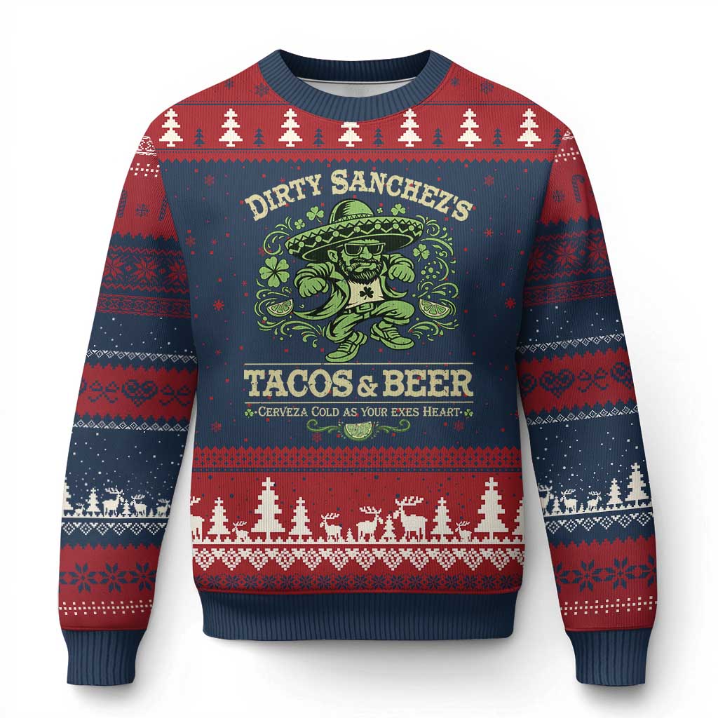 Dirty Sanchezs Tacos and Beer Funny Fiesta Ugly Christmas Sweater Cerveza Cold as Your Exes Heart Mexican Party Humor TS02 Navy Red Print Your Wear