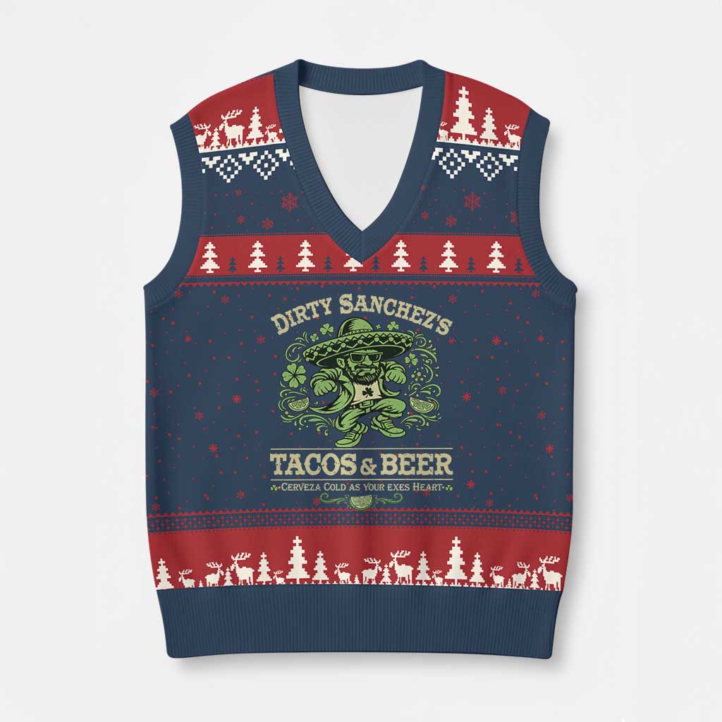Dirty Sanchezs Tacos and Beer Funny Fiesta V-Neck Knit Sweater Vest Cerveza Cold as Your Exes Heart Mexican Party Humor TS02 Navy Red Print Your Wear