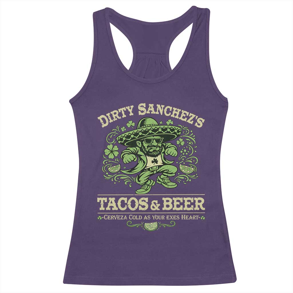 Dirty Sanchezs Tacos and Beer Funny Fiesta Racerback Tank Top Cerveza Cold as Your Exes Heart Mexican Party Humor TS02 Purple Print Your Wear
