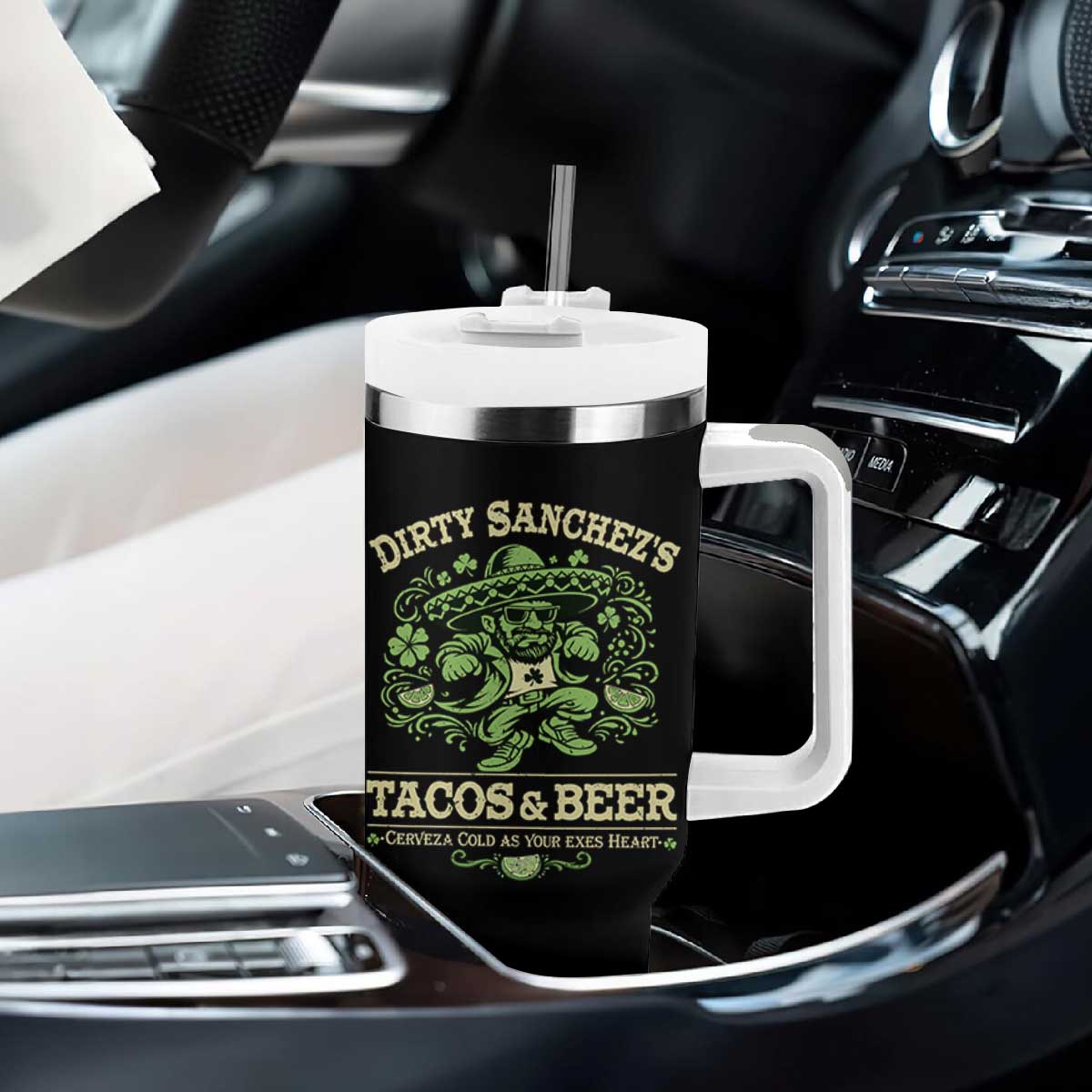 Dirty Sanchezs Tacos and Beer Funny Fiesta Tumbler With Handle Cerveza Cold as Your Exes Heart Mexican Party Humor TS02 Print Your Wear