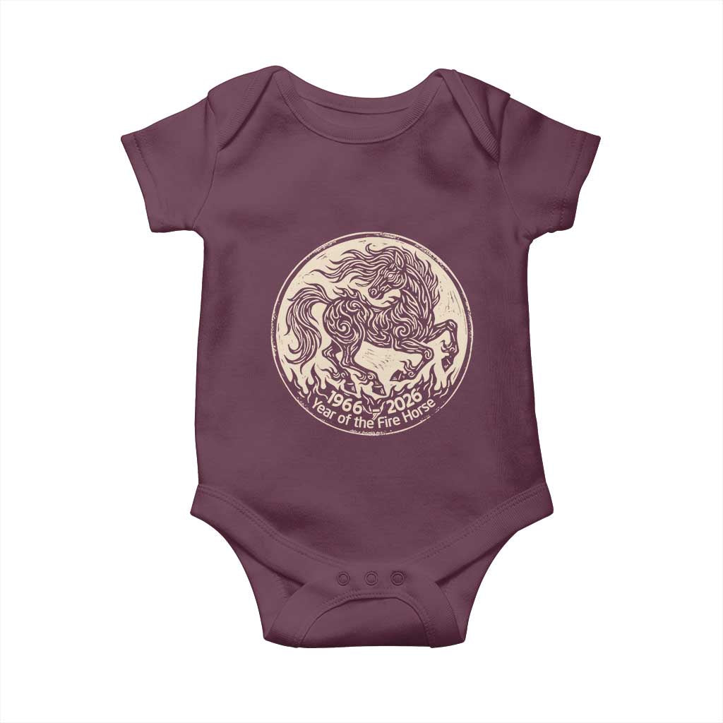 Year of the Fire Horse 1966 2026 Graphic Baby Onesie - 60 Years Chinese Zodiac Horse Vintage Style TS02 Maroon Print Your Wear