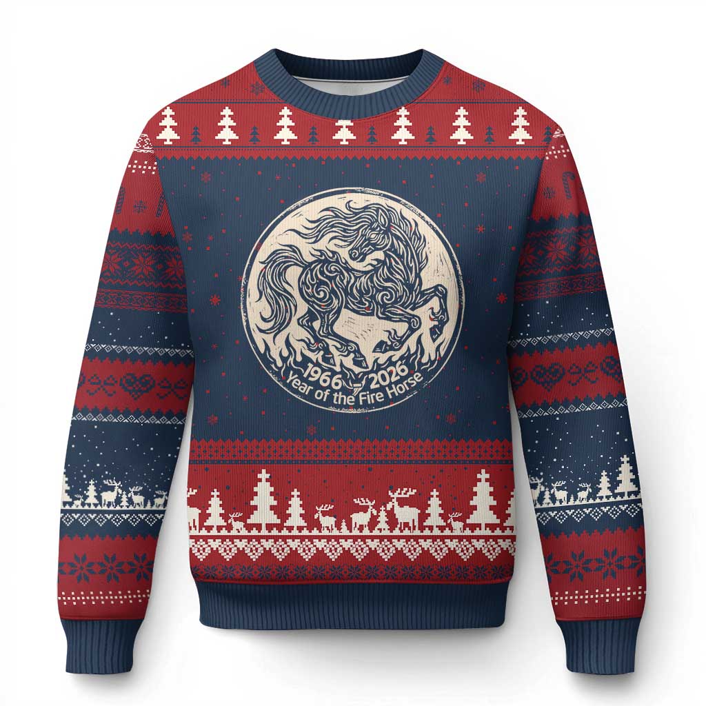 Year of the Fire Horse 1966 2026 Graphic Ugly Christmas Sweater 60 Years Chinese Zodiac Horse Vintage Style TS02 Navy Red Print Your Wear