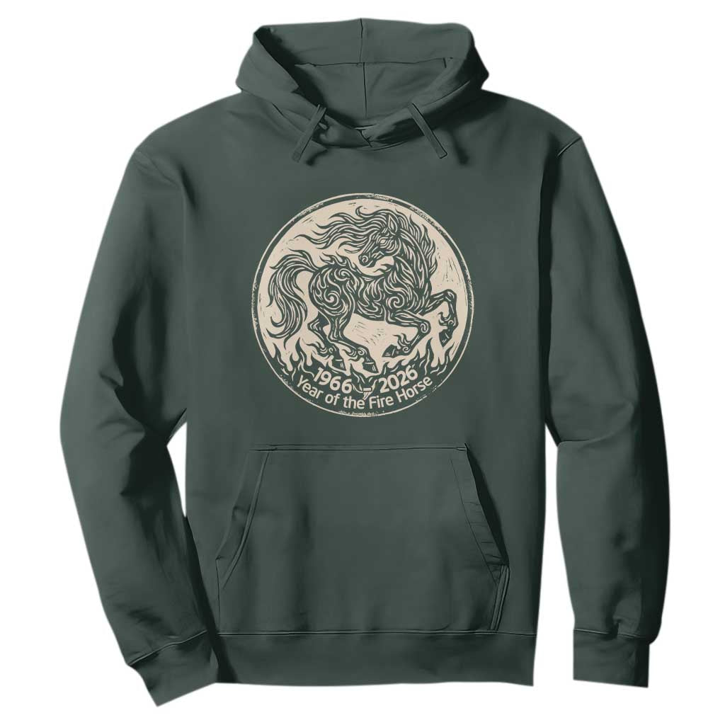 Year of the Fire Horse 1966 2026 Graphic Hoodie 60 Years Chinese Zodiac Horse Vintage Style TS02 Dark Forest Green Print Your Wear