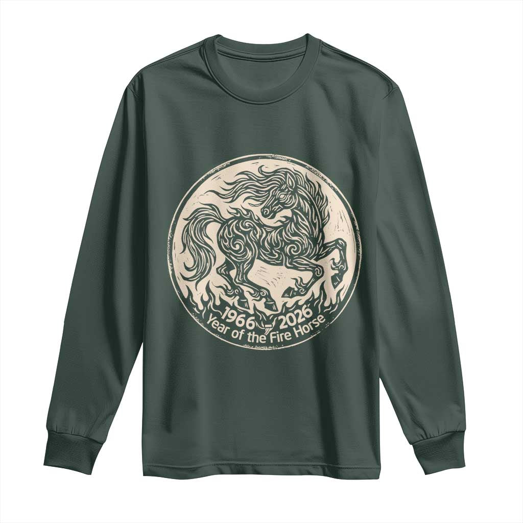 Year of the Fire Horse 1966 2026 Graphic Long Sleeve Shirt 60 Years Chinese Zodiac Horse Vintage Style TS02 Dark Forest Green Print Your Wear