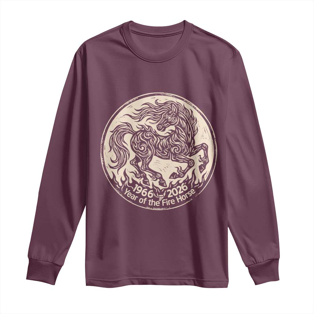 Year of the Fire Horse 1966 2026 Graphic Long Sleeve Shirt 60 Years Chinese Zodiac Horse Vintage Style TS02 Maroon Print Your Wear