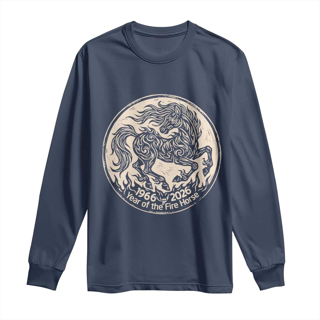 Year of the Fire Horse 1966 2026 Graphic Long Sleeve Shirt 60 Years Chinese Zodiac Horse Vintage Style TS02 Navy Print Your Wear