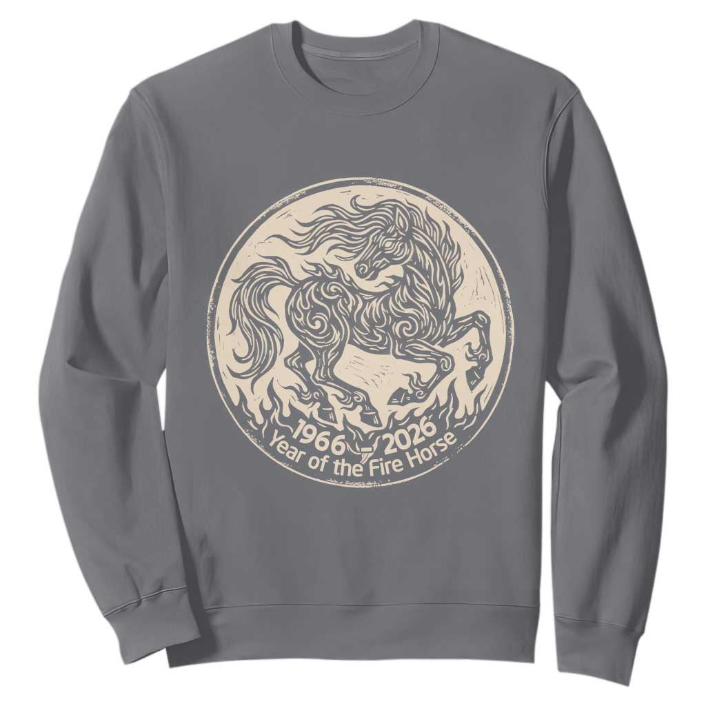 Year of the Fire Horse 1966 2026 Graphic Sweatshirt 60 Years Chinese Zodiac Horse Vintage Style TS02 Charcoal Print Your Wear