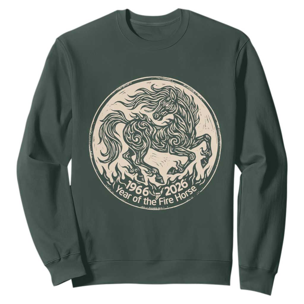 Year of the Fire Horse 1966 2026 Graphic Sweatshirt 60 Years Chinese Zodiac Horse Vintage Style TS02 Dark Forest Green Print Your Wear