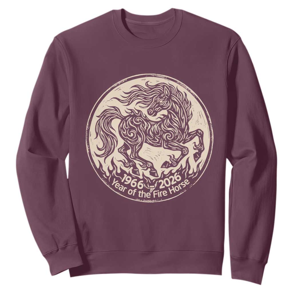 Year of the Fire Horse 1966 2026 Graphic Sweatshirt 60 Years Chinese Zodiac Horse Vintage Style TS02 Maroon Print Your Wear