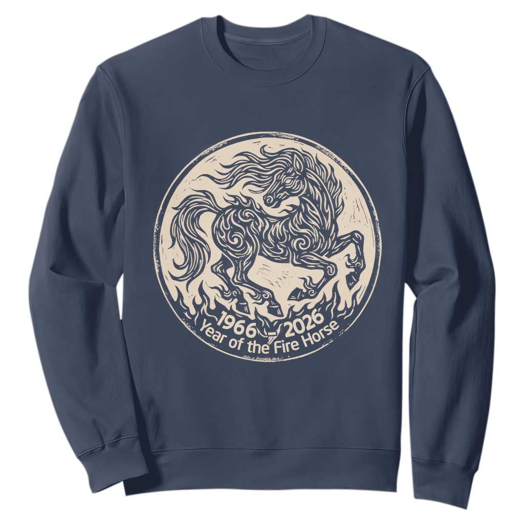 Year of the Fire Horse 1966 2026 Graphic Sweatshirt 60 Years Chinese Zodiac Horse Vintage Style TS02 Navy Print Your Wear