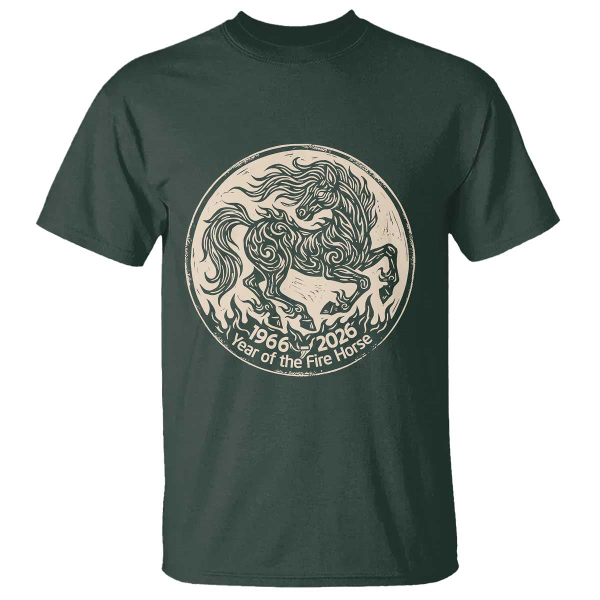 Year of the Fire Horse 1966 2026 Graphic T Shirt 60 Years Chinese Zodiac Horse Vintage Style TS02 Dark Forest Green Print Your Wear